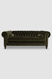 80 Higgins in Como Olive green velvet with bench cushion and bolster pillows