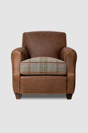 Howdy armchair and ottoman in Vintage Old Timer brown leather with plaid cushion