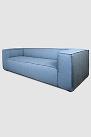 Johnny 108 sofa in Bella Dura Pebble Beach Atlantic fabric with Saloon Jeans leather outside