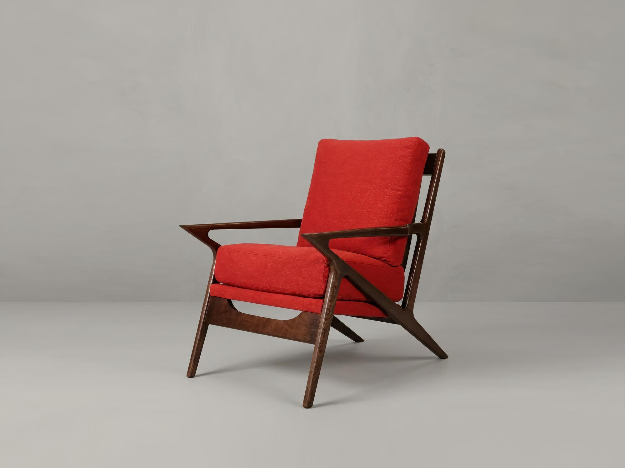 Benson MCM wood chair in walnut finish and Varick Pomegranate stain-proof fabric