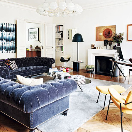 Navy blue velvet Chesterfield sofa
