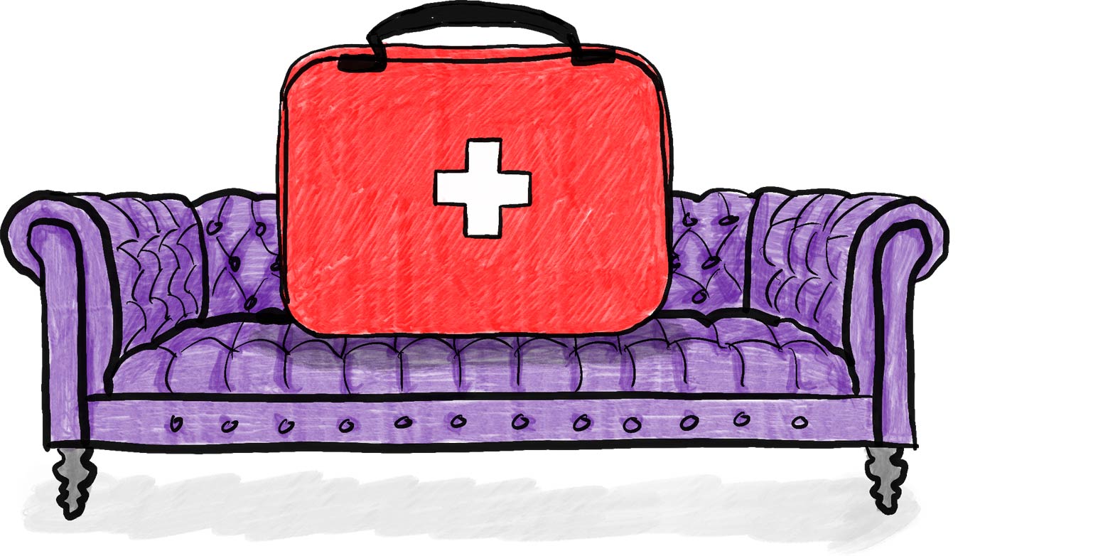 Illustration of sofa with first aid kit resting on cushion
